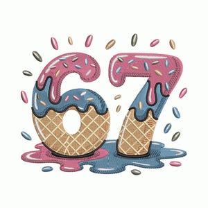 May include: Embroidered number 67, designed to look like ice cream cones with pink and blue icing. The numbers are decorated with sprinkles and sit on a melted ice cream base. A colourful, fun design.