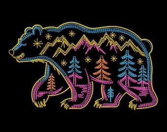 Neon Bear Forest Embroidery Design, Wildlife Nature Animal Machine Embroidery File – DST PES VP3, 9 Sizes