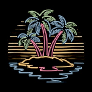 May include: Embroidered design of a tropical island scene with palm trees, water, and a sunset. The palm tree trunks are pink, the fronds are blue and green, and the water is blue. The background features horizontal yellow lines.