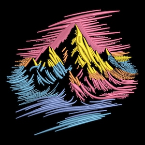 May include: An embroidered mountain range design on a black background. The mountains are rendered in shades of pink, yellow, blue, and orange, with a textured, thread-like appearance. The design has a retro, stylized aesthetic.