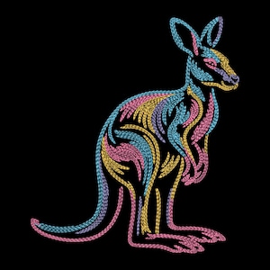 Può includere: Illustrazione colorata di un canguro su sfondo nero. Il canguro è raffigurato con una serie di linee curve nei toni del rosa, giallo, blu e viola, creando un effetto testurizzato. L'opera è una rappresentazione stilizzata dell'animale.