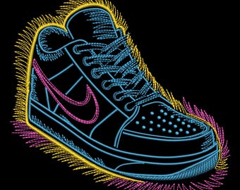 Neon Sneaker Shoe Embroidery Design, Retro Running Sneaker Outline Embroidery Pattern – DST PES JEF, 9 Sizes