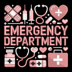 Puede incluir: Diseño bordado en rosa y blanco sobre fondo negro. El texto "EMERGENCY DEPARTMENT" está rodeado de símbolos médicos, incluyendo un estetoscopio, pastillas, un corazón, un botiquín y jeringas.