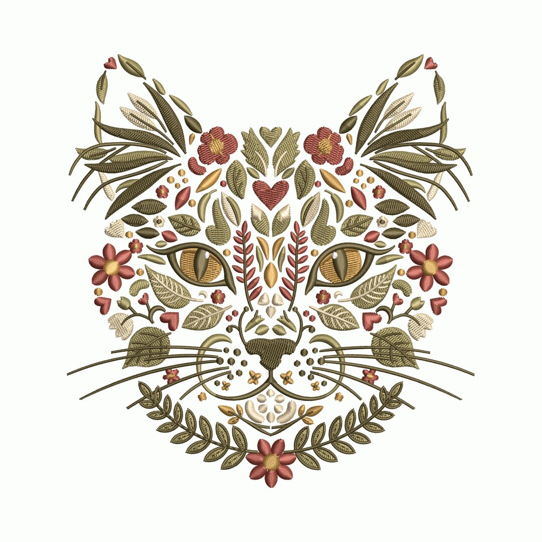 Floral Cat Embroidery Design, Decorative Cat Face Vintage Pattern ...