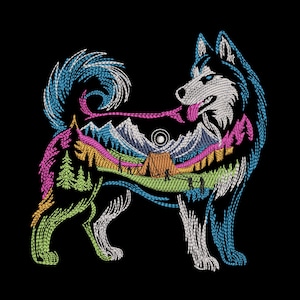 Può includere: Un disegno da ricamo della sagoma di un cane husky riempito con una scena paesaggistica colorata. L'interno presenta una tenda marrone, pini verdi e cime montuose bianche sotto un sole circolare su uno sfondo nero solido.