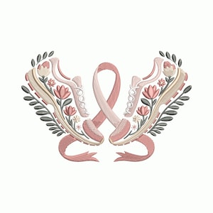 May include: Embroidered design featuring two running shoes with floral accents and a pink ribbon, symbolizing breast cancer awareness. The shoes are in shades of pink, beige, and white, with gray leaves and small pink flowers. The ribbon is a soft pink.
