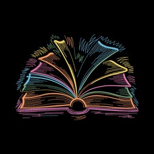May include: A colorful illustration of an open book with pages fanned out. The book's pages and cover are outlined in a variety of bright colors, including orange, pink, yellow, blue, and green, against a black background.