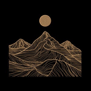 May include: A minimalist line art illustration of a mountain range and a sun against a black backdrop. The mountains and sun are rendered in a warm, golden hue, with detailed line work creating texture and depth. The design evokes a sense of nature and tranquility.