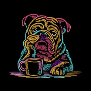 Neon English Bulldog Coffee Mug Embroidery Design, Funny Dog with Coffee Embroidery File, Bored Bulldog Embroidery Pattern