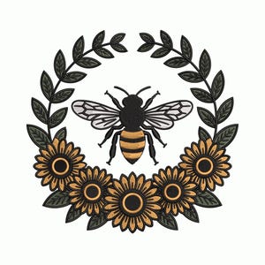 May include: An embroidered design featuring a detailed bee with black and yellow stripes, surrounded by a wreath of sunflowers and leaves. The bee has transparent wings and is centered within the design, creating a balanced and natural aesthetic.