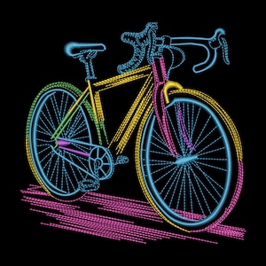 Pode incluir: Ilustração de uma bicicleta colorida sobre um fundo preto. A bicicleta é delineada em cores néon, incluindo amarelo, azul e rosa. As rodas, o quadro e o guiador são claramente definidos, com um efeito de sombra sob a bicicleta.