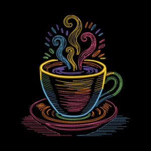 May include: A colorful embroidered design of a coffee cup and saucer on a black background. The cup and saucer are outlined in a rainbow of colors, with steam rising from the coffee in shades of blue, yellow, and pink.