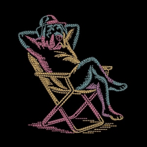 Neon Relaxing Pitbull Embroidery Design, Cowboy Hat Dog Machine Embroidery File, Funny Bully Embroidery Pattern,  HUS DST, 9 Sizes
