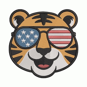 May include: Embroidered tiger face wearing sunglasses with the American flag design. The tiger has orange fur with black stripes, a white muzzle, and a smiling expression. The sunglasses feature the stars and stripes of the US flag.