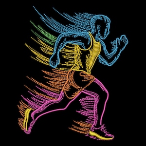 May include: A neon-style illustration of a runner in motion against a black background. The runner is depicted with colorful lines in yellow, orange, pink, blue, and green, suggesting speed and energy. The artwork is a vibrant representation of athleticism.
