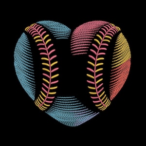 May include: A heart-shaped design composed of two baseballs. The baseballs are rendered in shades of blue, pink, yellow, and red, with black stitching. The design is set against a black background, creating a striking contrast.