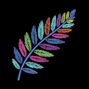 May include: An embroidered leaf design on a black backdrop. The leaf has a blue stem and colourful, feathery leaves in pink, green, orange, blue, and purple. The embroidery has a textured appearance.