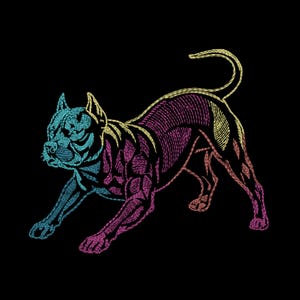 May include: An embroidered illustration of a muscular dog in a pouncing stance against a black background. The design features a gradient of colors transitioning from blue on the head and front legs to purple and yellow on the body and tail.