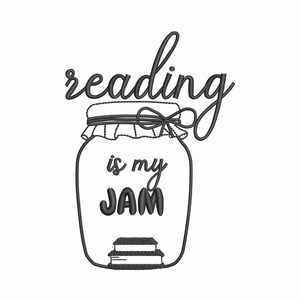 Puede incluir: Ilustración en blanco y negro de un tarro con el texto "reading is my jam". El tarro tiene una tapa con un lazo y contiene una pila de libros. La palabra "reading" está escrita encima del tarro.
