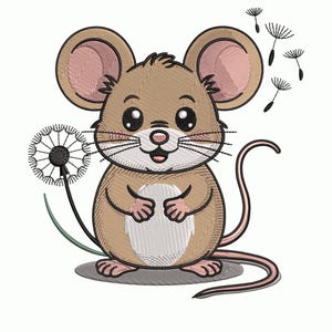 Puede incluir: Un ratón de dibujos animados con orejas grandes, nariz rosada y ojos grandes. El ratón es de color marrón claro con vientre blanco y sostiene un diente de león. Varias semillas de diente de león flotan en el aire. La imagen tiene fondo blanco.