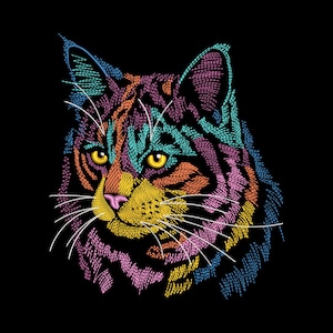 May include: A colorful embroidered cat face against a black background. The cat's fur is rendered in vibrant hues of blue, orange, yellow, and pink. The cat has yellow eyes, a pink nose, and white whiskers. The embroidery style gives a textured appearance.