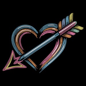 Diseño de bordado de corazón con flecha, patrón de bordado a máquina de neón para San Valentín – DST PES VP3, 9 tamaños