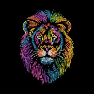 Peut inclure: Un motif de tête de lion coloré sur fond noir. La crinière et le visage du lion sont ornés de fils violets, bleus, verts, jaunes et oranges. Les yeux du lion sont jaunes et le nez rose. Le design est une œuvre d'art vibrante et accrocheuse.
