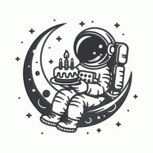 May include: Black and white illustration of an astronaut seated on a crescent moon, holding a cake with three lit candles. The astronaut is wearing a spacesuit and helmet. Stars are scattered around the moon.