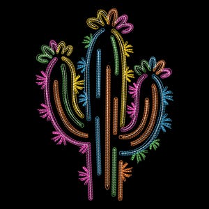 May include: A colorful embroidered cactus design on a black background. The cactus features vibrant stitching in shades of pink, orange, yellow, green, and blue. The design is a stylized representation of a desert plant.