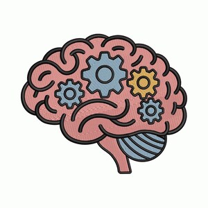 May include: A pink brain graphic with black outlines and blue and yellow gears. The brain illustration is a side view, with the gears representing thought processes and problem-solving.