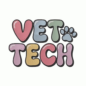 Puede incluir: Diseño bordado con las palabras "VET TECH" en letras de burbujas y una huella de pata. Las letras son en tonos pastel de rosa, azul, verde, amarillo y morado, con contornos negros. El diseño está sobre un fondo blanco.