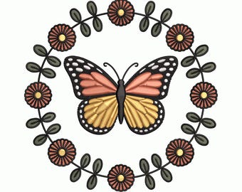 Diseño de bordado circular floral de mariposa: patrón de corona de jardín, archivo de puntada inspirado en la naturaleza, DST PES y más, 9 tamaños
