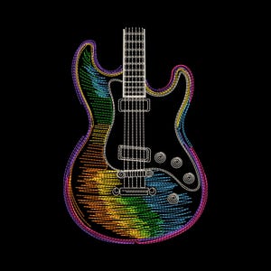 Op de afbeelding: Illustratie van een zwarte elektrische gitaar met een regenboogontwerp op de body. De omtrek van de gitaar is wit, met witte snaren en toets. De achtergrond is zwart.