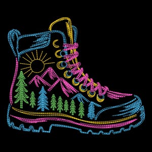 ネオンカラーのカラフルなマウンテンブーツ刺繍デザイン、松の木の冒険刺繍パターンファイル付きトレッカーハイキングシューズ - PES JEF XXX、9サイズ