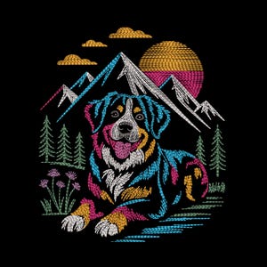 May include: An embroidered design on a black background featuring a Bernese Mountain Dog lying down. The scene includes white mountain peaks, a golden sun, green pine trees, purple wildflowers, and small clouds, all rendered in colorful thread.