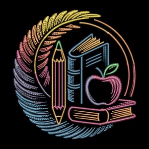 May include: A colorful embroidered design on a black background featuring a feather, pencil, books, and an apple. The feather is in shades of yellow, orange, pink, and blue. The pencil is pink and yellow. The books and apple are blue, pink, and orange.
