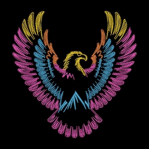 Può includere: Un disegno ricamato di un'aquila con le ali spiegate, con fili gialli, rosa, blu e arancioni su sfondo nero. La testa dell'aquila è di profilo e le ali presentano motivi di piume dettagliati.