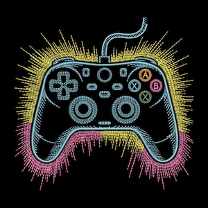 Könnte beinhalten: Schwarze Grafik eines Videospiel-Controllers mit Kabel, umrandet von hellblauen Nähten. Der Controller hat Tasten mit den Bezeichnungen A, B, X und ein Steuerkreuz. Gelbe und rosa Lichtblitze gehen vom Controller aus.