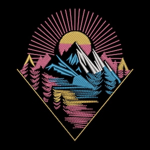May include: Embroidered mountain landscape with a rising sun, using pink, yellow, blue, and white thread on black. The design includes stylized trees and a geometric diamond frame.