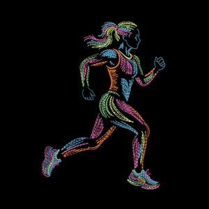 May include: A colorful illustration of a person running, rendered with a series of lines in shades of blue, orange, pink, and yellow. The figure is depicted in profile against a black background, showcasing athletic attire and running shoes.