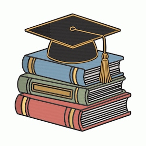 May include: A black graduation cap with a gold tassel rests atop a stack of three books. The books are blue, green, and red, with gold and yellow accents. The image is a symbol of education and academic achievement.