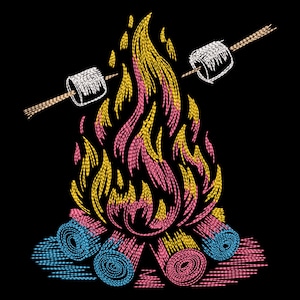 May include: Embroidered illustration of a campfire with yellow and pink flames. Two marshmallows on sticks are roasting over the fire. Logs at the base are blue, pink, and yellow. The background is black.