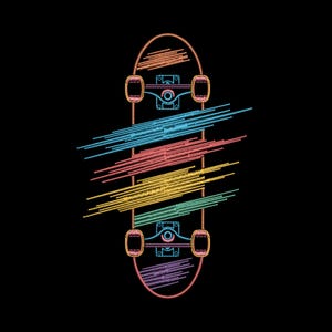 Puede incluir: Ilustración de un monopatín sobre fondo negro. El monopatín está delineado en naranja, con ruedas y ejes azules. Líneas horizontales coloridas en naranja, azul, rojo, amarillo, verde y morado cruzan la tabla.