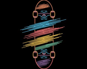 Neon Skateboard Embroidery Design, Street Skate Deck Lines Machine Embroidery File – DST PES JEF, 9 Sizes