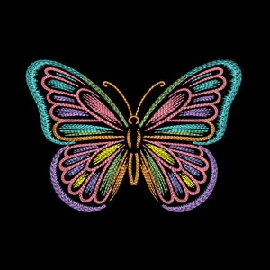 May include: A colorful embroidered butterfly design against a black background. The butterfly features intricate details with a variety of colors, including teal, pink, yellow, and purple. The wings have a detailed pattern, and the overall design is symmetrical.