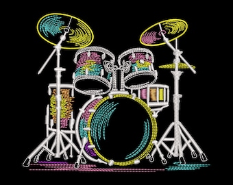 Neon Drum Set Embroidery Design – Music Lover Machine Embroidery File, Colorful Percussion Pattern, DST PES & More, 9 Sizes
