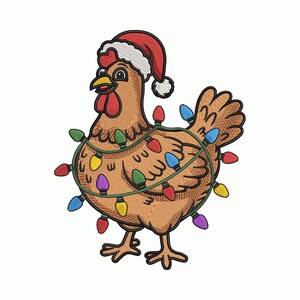 May include: A brown chicken wearing a Santa hat and wrapped in a string of colorful Christmas lights. The chicken has a red comb and wattle, and is standing on a white background. A festive holiday design.