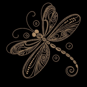 May include: A detailed gold-colored dragonfly design on a black background. The dragonfly features intricate patterns and textures, with a focus on the wings and body. The design is likely embroidered or a similar craft.