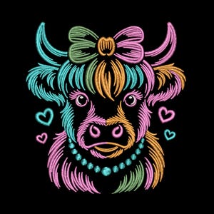 May include: Embroidered image of a Highland cow with a colorful design. The cow has a pink and blue bow, a turquoise necklace, and hearts. The embroidery uses pink, orange, green, and blue threads on a black background.