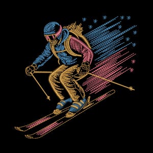 Könnte beinhalten: Ein gesticktes Design eines Skifahrers in Aktion, dargestellt in Blau-, Rosa- und Goldtönen auf schwarzem Hintergrund. Der Skifahrer trägt einen Helm und eine Brille, mit Skiern und Stöcken. Das Design hat ein strukturiertes, gesticktes Aussehen.